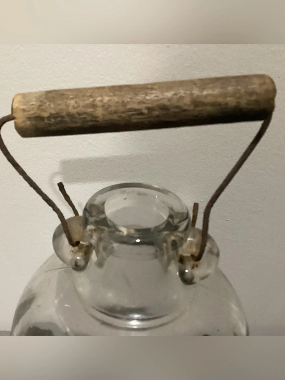 Vintage/Antique? 1 Gallon clear glass jug with traditional wire bail and wooden